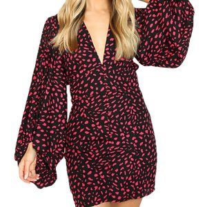 Deep V neck mini dress with balloon sleeves